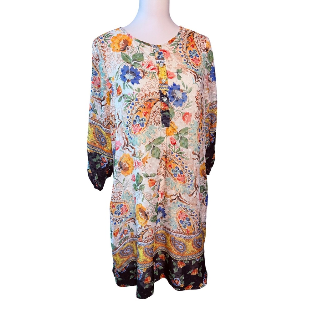 Figueroa & Flower Womens L Floral Paisley Border Print Tassel Tunic Shift Dress